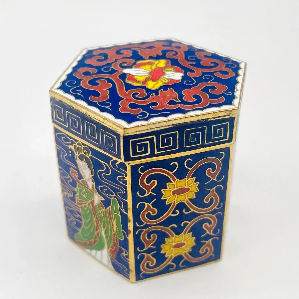 Peking Jewelry Cloisonne Enamel 7-Piece Puzzle Trinket Box Set Blue Floral